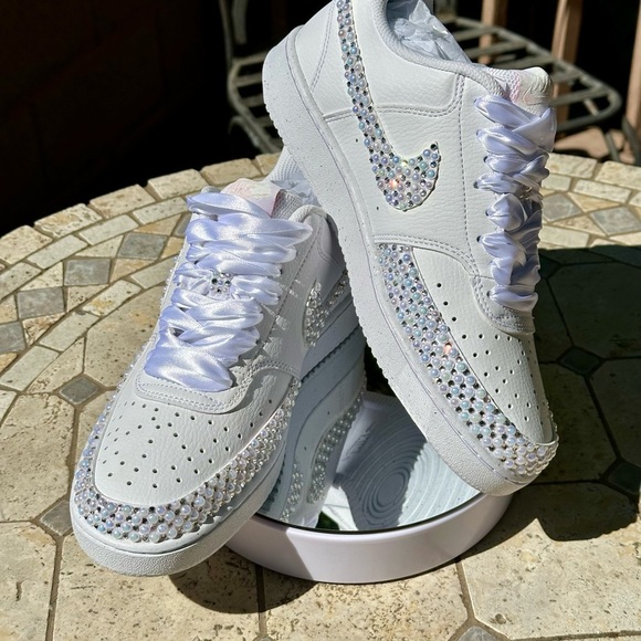 Nike Court White Pearl Sneakers, Rhinestone Wedding Pearl Shoes - Picture 2 of 4
